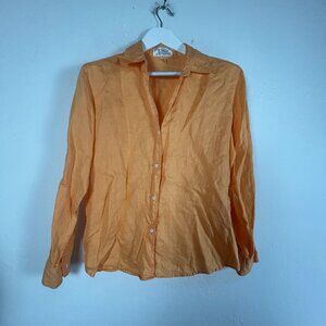 Ryan Michael Women Orange Linen Button-Up Shirt Medium Long Sleeve Casual Collar